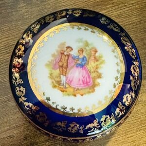 Meissner Limoges France Porcelain Trinket Box Cobalt Blue Gold Rococo Couple B15